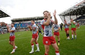 Picture by Ed Sykes/SWpix.com - 06/08/2023 - Rugby League - Betfred Super League Round 21 - Leeds Rhinos v Leigh Leopards - Headingley Stadium, Leeds, England - Leigh Leopards' Ben Reynolds celebrates after the game