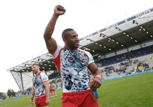 Picture by Ed Sykes/SWpix.com - 06/08/2023 - Rugby League - Betfred Super League Round 21 - Leeds Rhinos v Leigh Leopards - Headingley Stadium, Leeds, England - Leigh Leopards' Edwin Ipape celebrates after the game